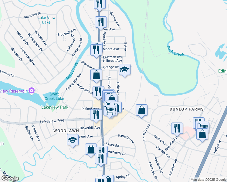 map of restaurants, bars, coffee shops, grocery stores, and more near 208 Maple Grove Avenue in Colonial Heights