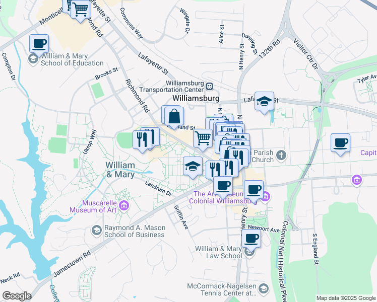map of restaurants, bars, coffee shops, grocery stores, and more near 230 Richmond Road in Williamsburg