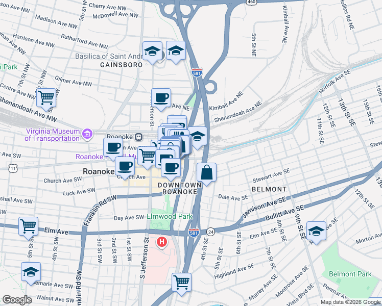 map of restaurants, bars, coffee shops, grocery stores, and more near 302 Campbell Avenue Southeast in Roanoke