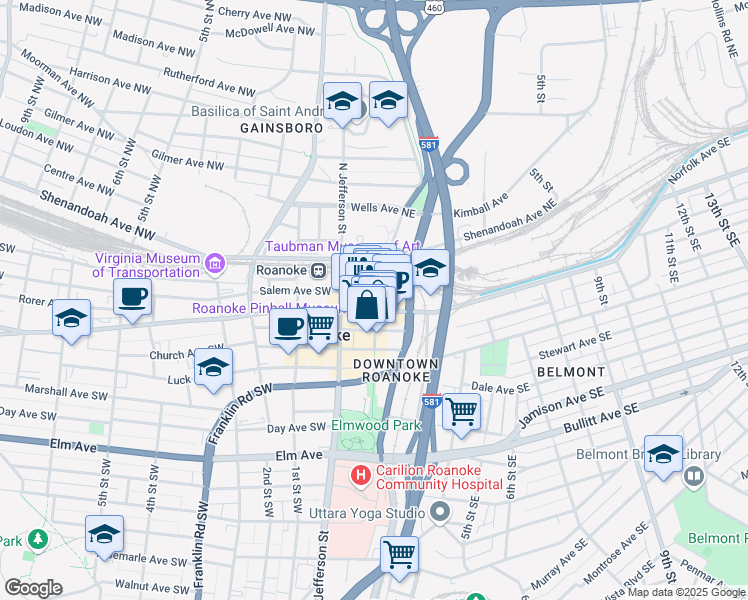 map of restaurants, bars, coffee shops, grocery stores, and more near 32 Market Square Southeast in Roanoke