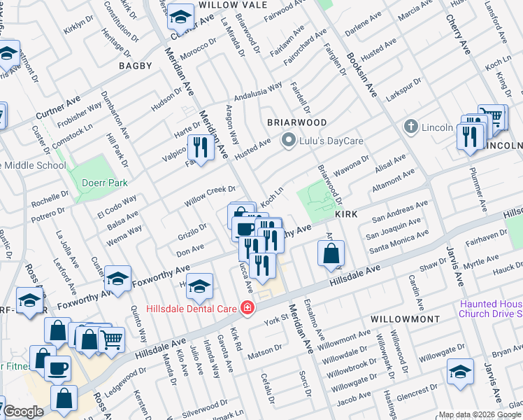 map of restaurants, bars, coffee shops, grocery stores, and more near 1660 Koch Lane in San Jose