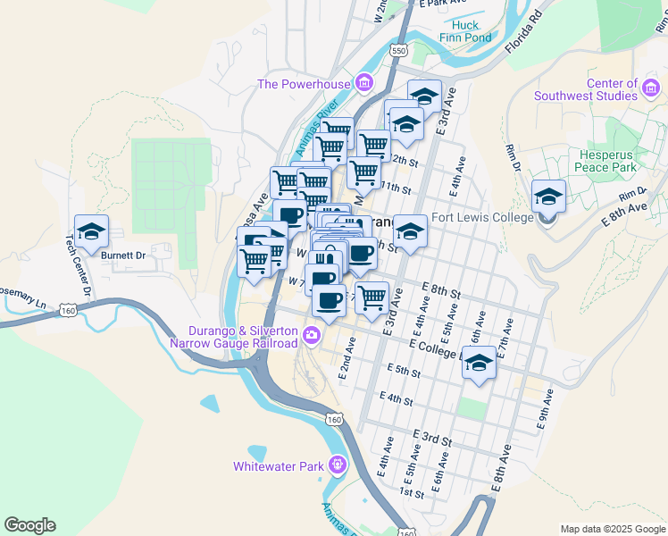 map of restaurants, bars, coffee shops, grocery stores, and more near 713 Main Avenue in Durango