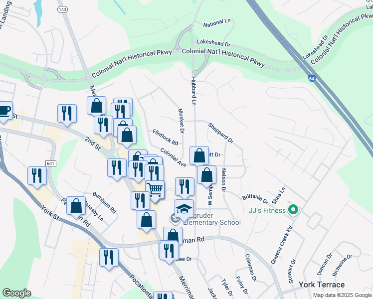 map of restaurants, bars, coffee shops, grocery stores, and more near 406 Musket Drive in Williamsburg