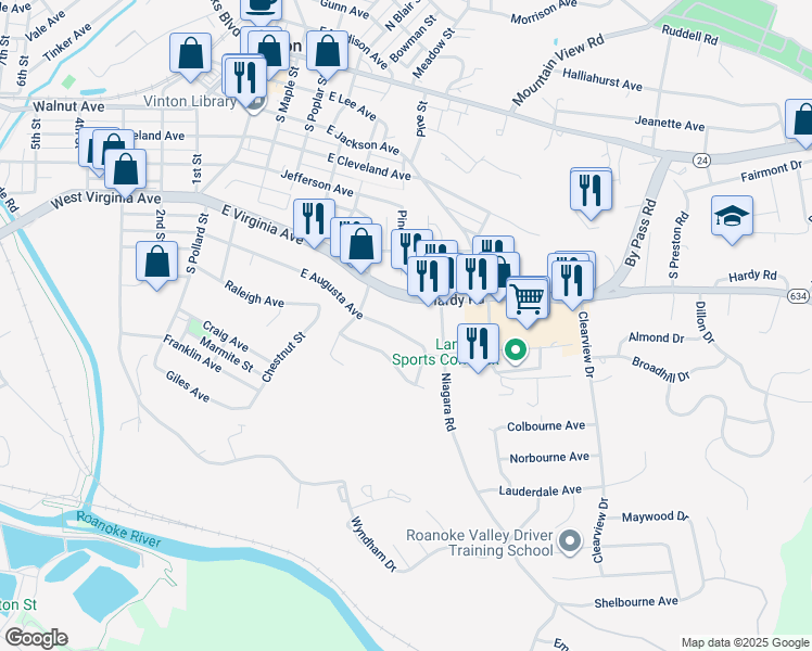 map of restaurants, bars, coffee shops, grocery stores, and more near 634 East Augusta Avenue in Vinton