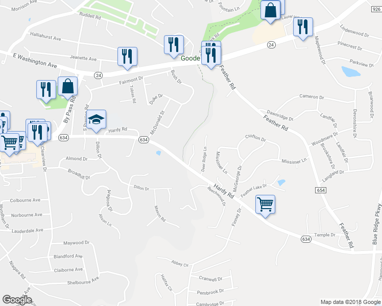 map of restaurants, bars, coffee shops, grocery stores, and more near 530 Greenway Landing Place in Vinton