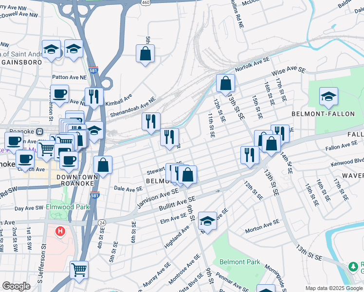 map of restaurants, bars, coffee shops, grocery stores, and more near 906 Tazewell Ave SE in Roanoke