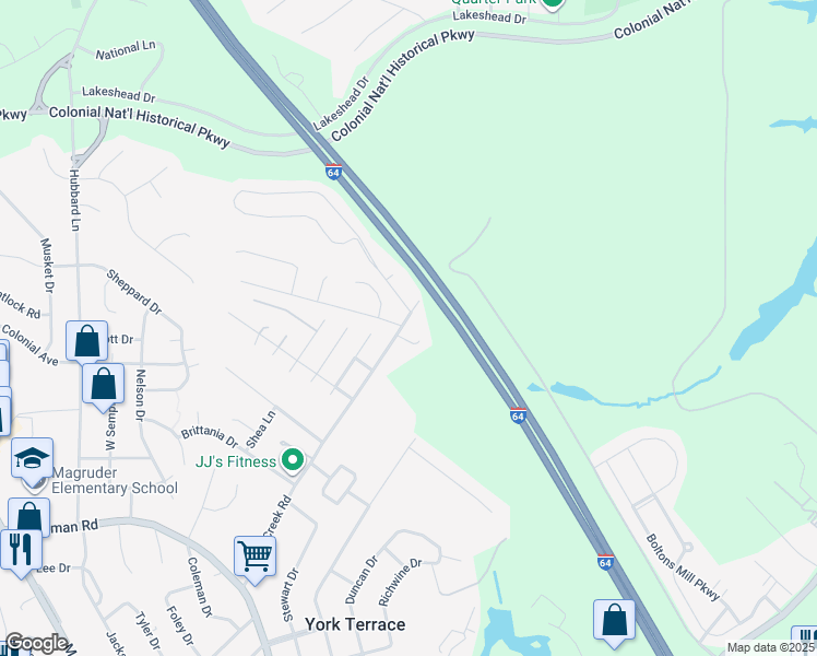 map of restaurants, bars, coffee shops, grocery stores, and more near 442 Queens Creek Road in Williamsburg
