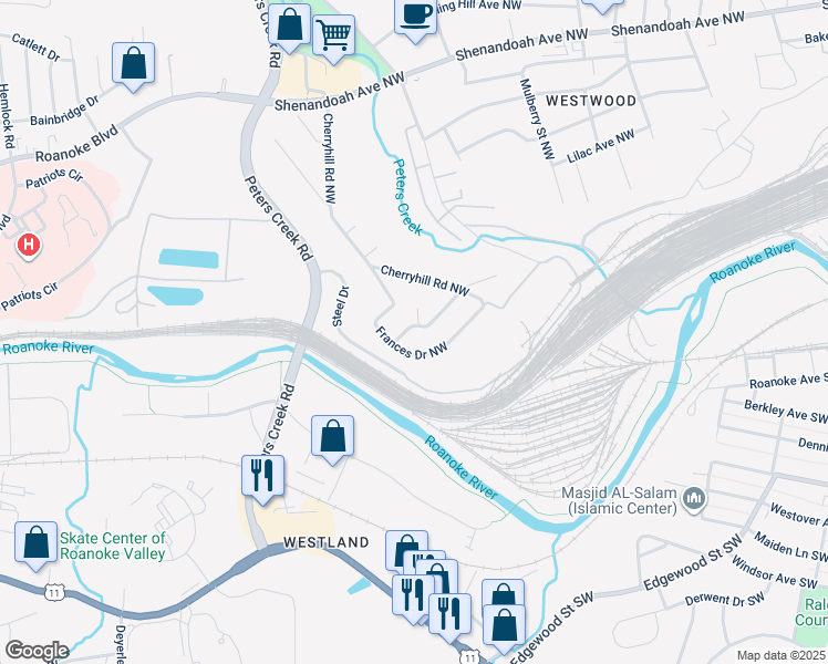 map of restaurants, bars, coffee shops, grocery stores, and more near 302 Nancy Drive Northwest in Roanoke