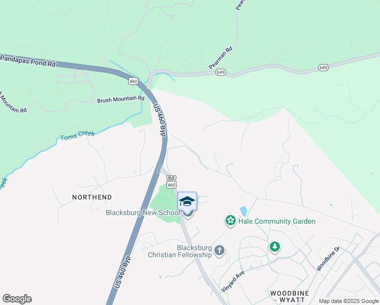 map of restaurants, bars, coffee shops, grocery stores, and more near 220 Bishop Road in Blacksburg