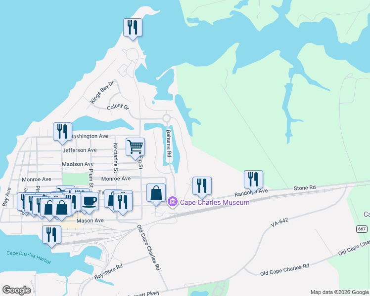 map of restaurants, bars, coffee shops, grocery stores, and more near 30 Bridgeton Drive in Cape Charles