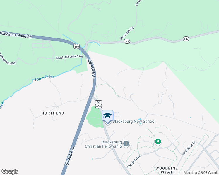 map of restaurants, bars, coffee shops, grocery stores, and more near 212 Bishop Road in Blacksburg