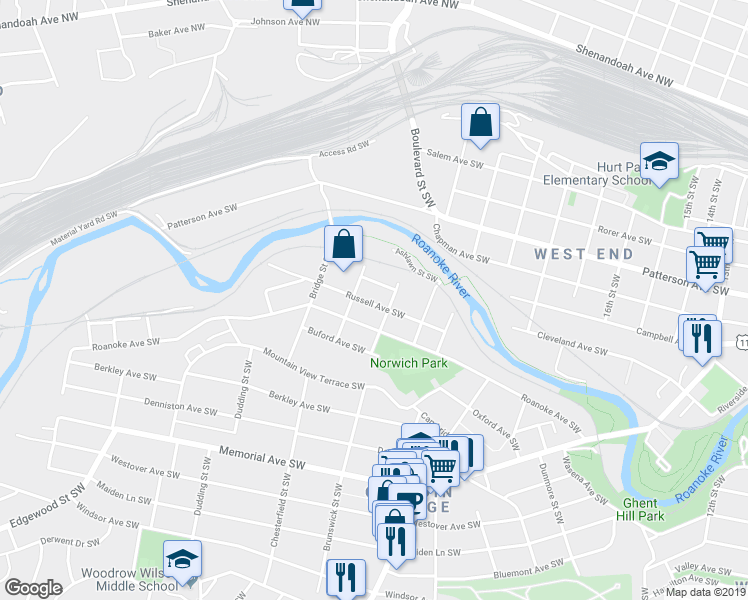 map of restaurants, bars, coffee shops, grocery stores, and more near 2213 Russell Avenue Southwest in Roanoke