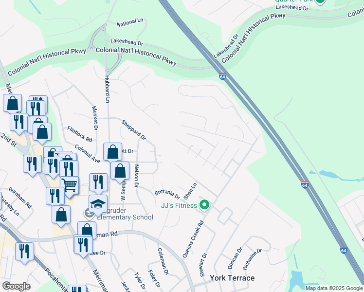 map of restaurants, bars, coffee shops, grocery stores, and more near 603 Golden Drive in Williamsburg