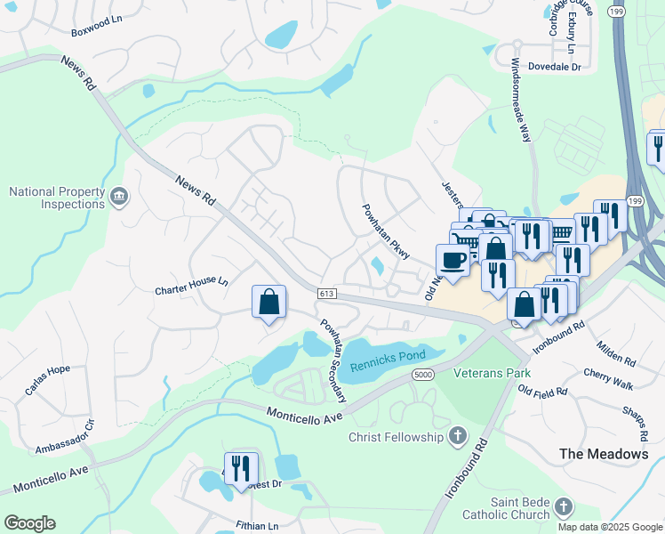 map of restaurants, bars, coffee shops, grocery stores, and more near 4217 Falcon Creek Drive in Williamsburg