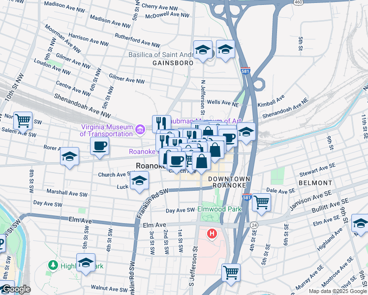 map of restaurants, bars, coffee shops, grocery stores, and more near 101 Campbell Avenue Southeast in Roanoke