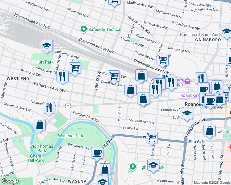 map of restaurants, bars, coffee shops, grocery stores, and more near in Roanoke