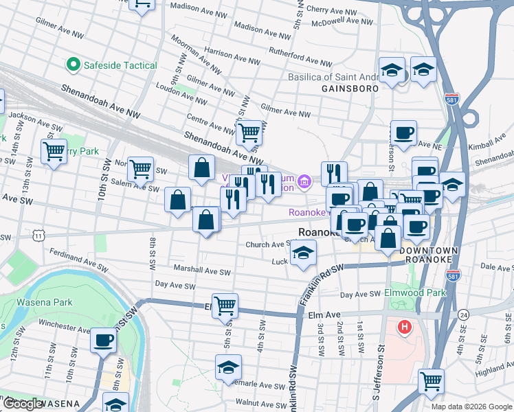 map of restaurants, bars, coffee shops, grocery stores, and more near 208 4th Street Southwest in Roanoke
