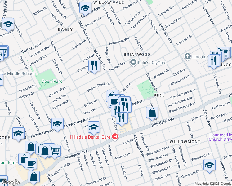 map of restaurants, bars, coffee shops, grocery stores, and more near 1660 Koch Lane in San Jose