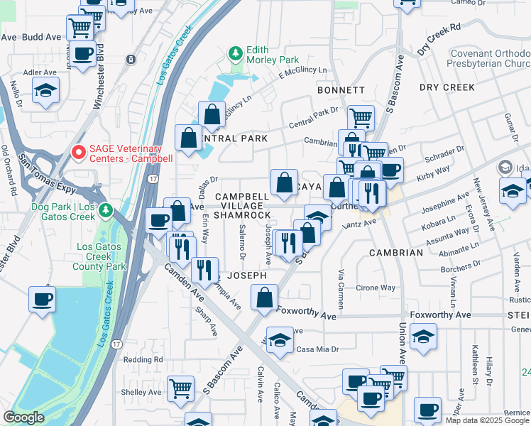 map of restaurants, bars, coffee shops, grocery stores, and more near in San Jose