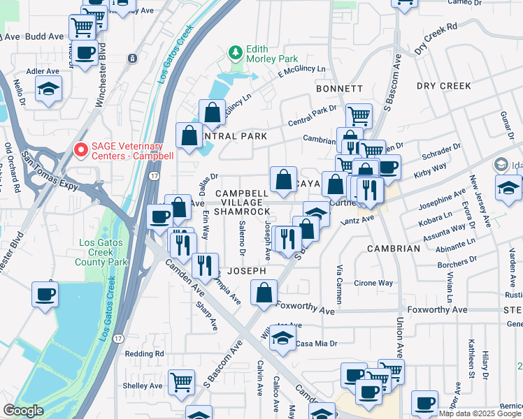 map of restaurants, bars, coffee shops, grocery stores, and more near in San Jose