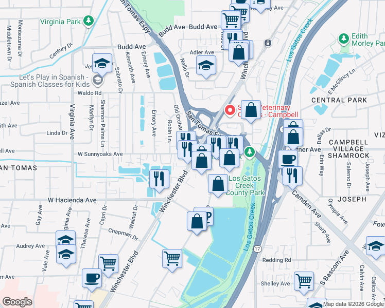 map of restaurants, bars, coffee shops, grocery stores, and more near 262 West Sunnyoaks Avenue in Campbell