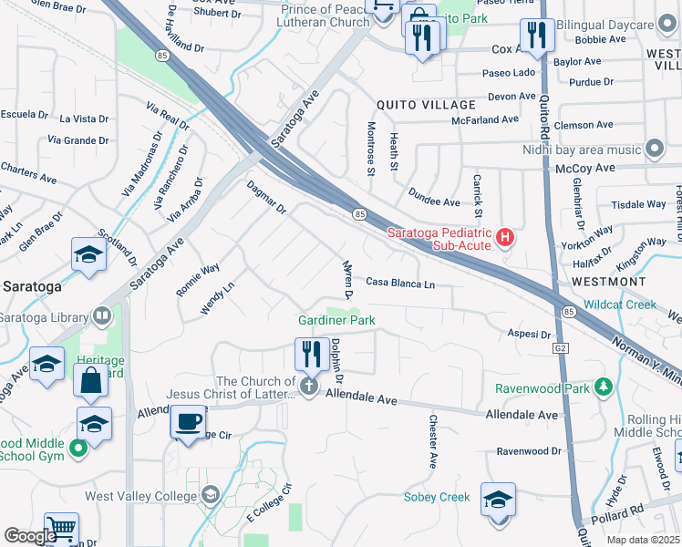 map of restaurants, bars, coffee shops, grocery stores, and more near 13513 Myren Drive in Saratoga