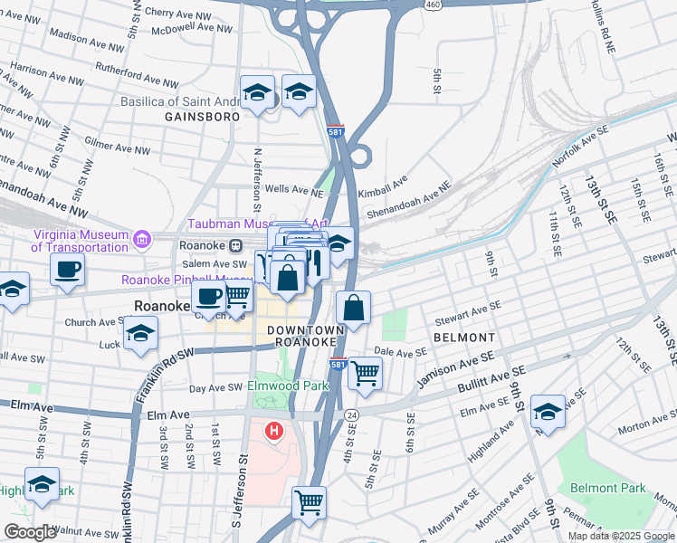 map of restaurants, bars, coffee shops, grocery stores, and more near 302 Campbell Avenue Southeast in Roanoke
