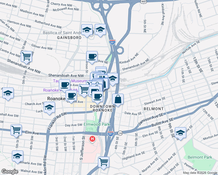 map of restaurants, bars, coffee shops, grocery stores, and more near 302 Campbell Avenue Southeast in Roanoke