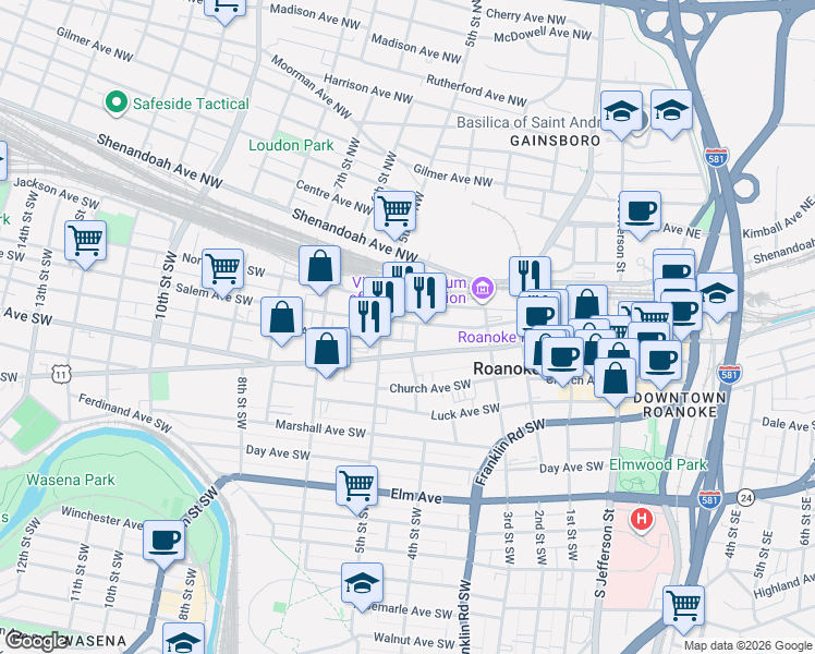 map of restaurants, bars, coffee shops, grocery stores, and more near 208 4th Street Southwest in Roanoke