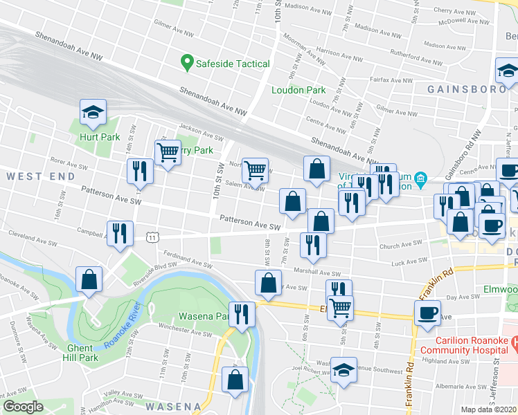 map of restaurants, bars, coffee shops, grocery stores, and more near in Roanoke