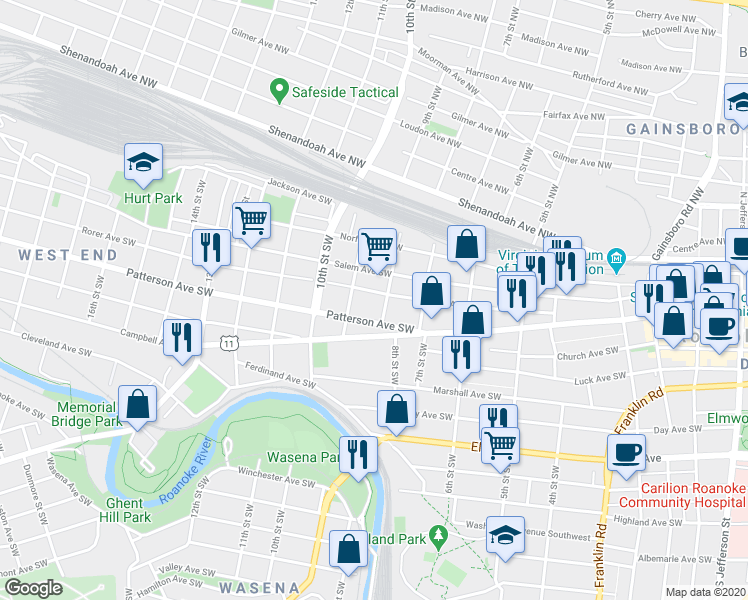 map of restaurants, bars, coffee shops, grocery stores, and more near in Roanoke