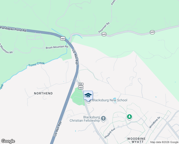 map of restaurants, bars, coffee shops, grocery stores, and more near 212 Bishop Road in Blacksburg