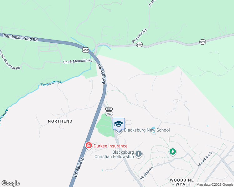 map of restaurants, bars, coffee shops, grocery stores, and more near 212 Bishop Road in Blacksburg
