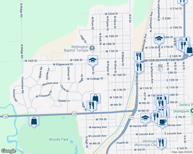 map of restaurants, bars, coffee shops, grocery stores, and more near 915 West College Street in Wellington