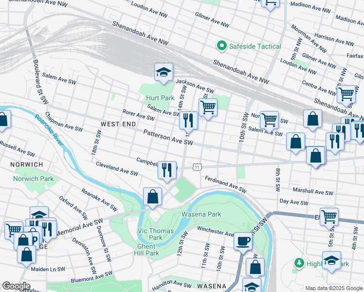 map of restaurants, bars, coffee shops, grocery stores, and more near 1306 Patterson Avenue Southwest in Roanoke