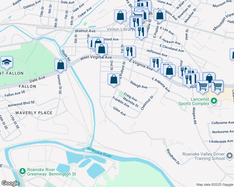 map of restaurants, bars, coffee shops, grocery stores, and more near 914 South Pollard Street in Vinton