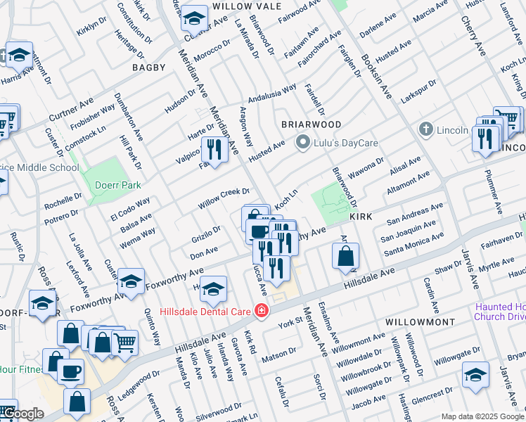map of restaurants, bars, coffee shops, grocery stores, and more near 2881 Meridian Avenue in San Jose