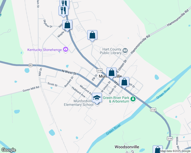 map of restaurants, bars, coffee shops, grocery stores, and more near 498 North Washington Street in Munfordville