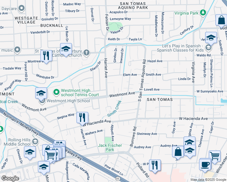map of restaurants, bars, coffee shops, grocery stores, and more near 105 Trailblazer Place in Campbell