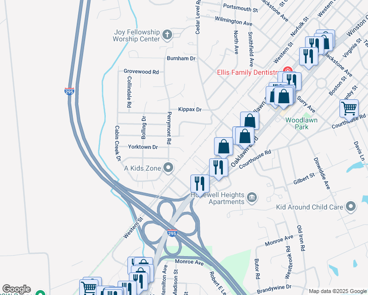 map of restaurants, bars, coffee shops, grocery stores, and more near 3805 Yorktown Drive in Hopewell