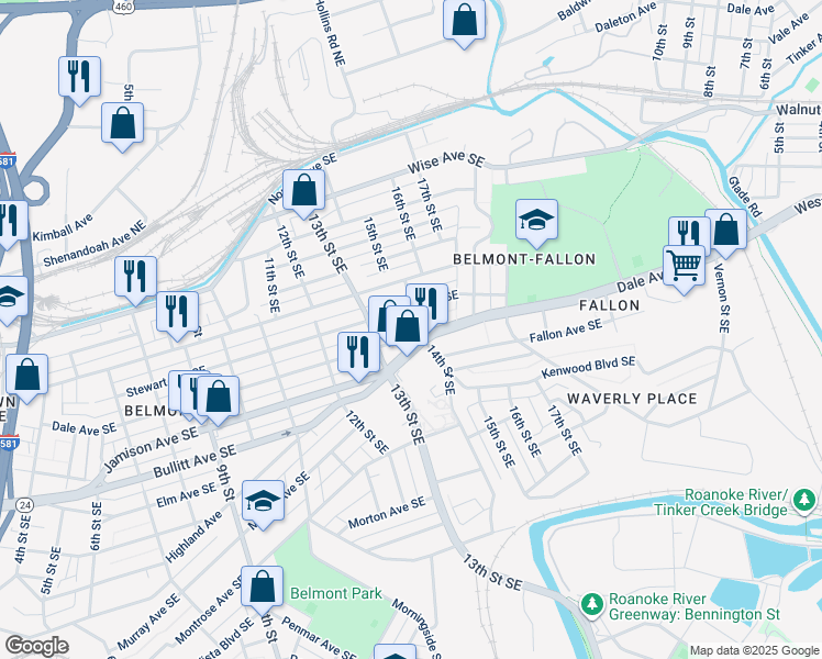 map of restaurants, bars, coffee shops, grocery stores, and more near 1326 Dale Avenue Southeast in Roanoke