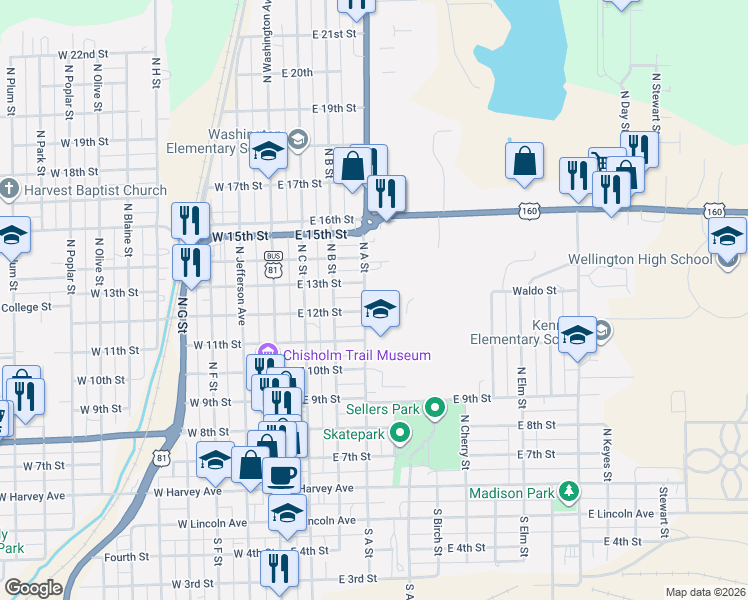 map of restaurants, bars, coffee shops, grocery stores, and more near 701-747 North A Street in Wellington