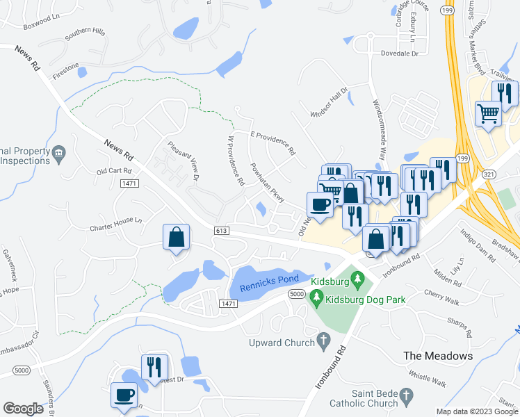 map of restaurants, bars, coffee shops, grocery stores, and more near 4409 Powhatan Parkway in Williamsburg