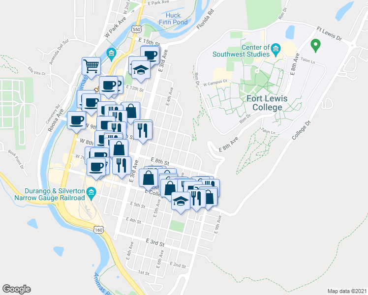 map of restaurants, bars, coffee shops, grocery stores, and more near 553 East 9th Street in Durango