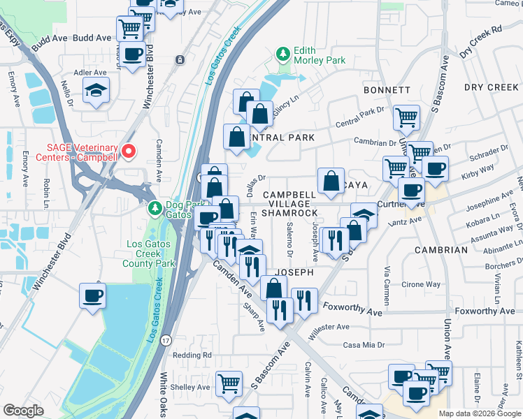 map of restaurants, bars, coffee shops, grocery stores, and more near 364 Curtner Avenue in Campbell