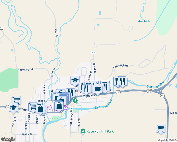map of restaurants, bars, coffee shops, grocery stores, and more near 323 Mesa Drive in Pagosa Springs