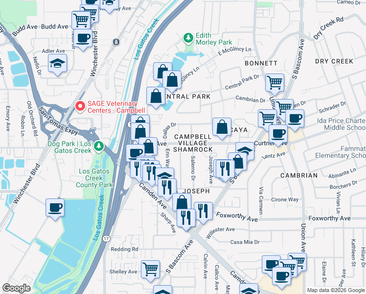 map of restaurants, bars, coffee shops, grocery stores, and more near 1031 Normandy Drive in Campbell