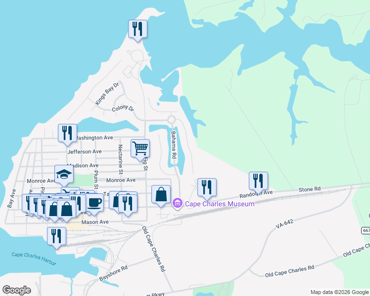 map of restaurants, bars, coffee shops, grocery stores, and more near 22 Bridgeton Drive in Cape Charles