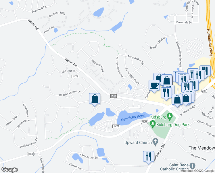 map of restaurants, bars, coffee shops, grocery stores, and more near 4532 Beacon Hill Drive in Williamsburg