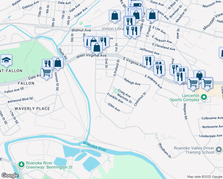 map of restaurants, bars, coffee shops, grocery stores, and more near 914 South Pollard Street in Vinton